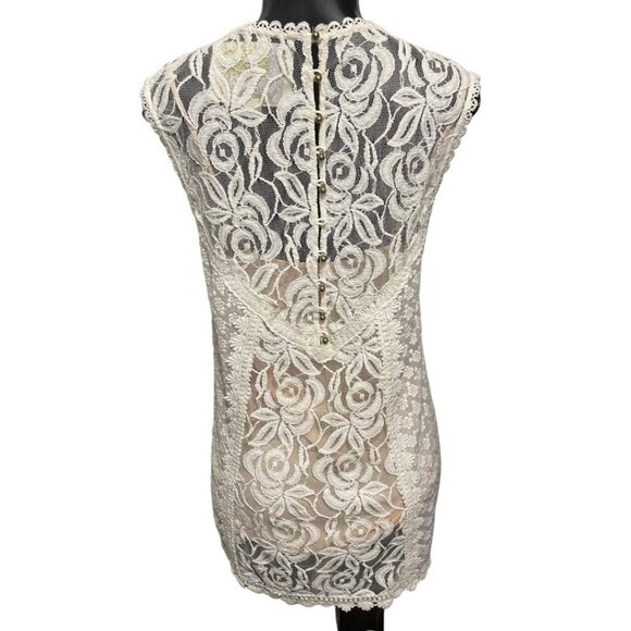 XS Champagne & Strawberry Lace Mini Dress Buttons Lined Ivory Nude Lining - Picture 8 of 11